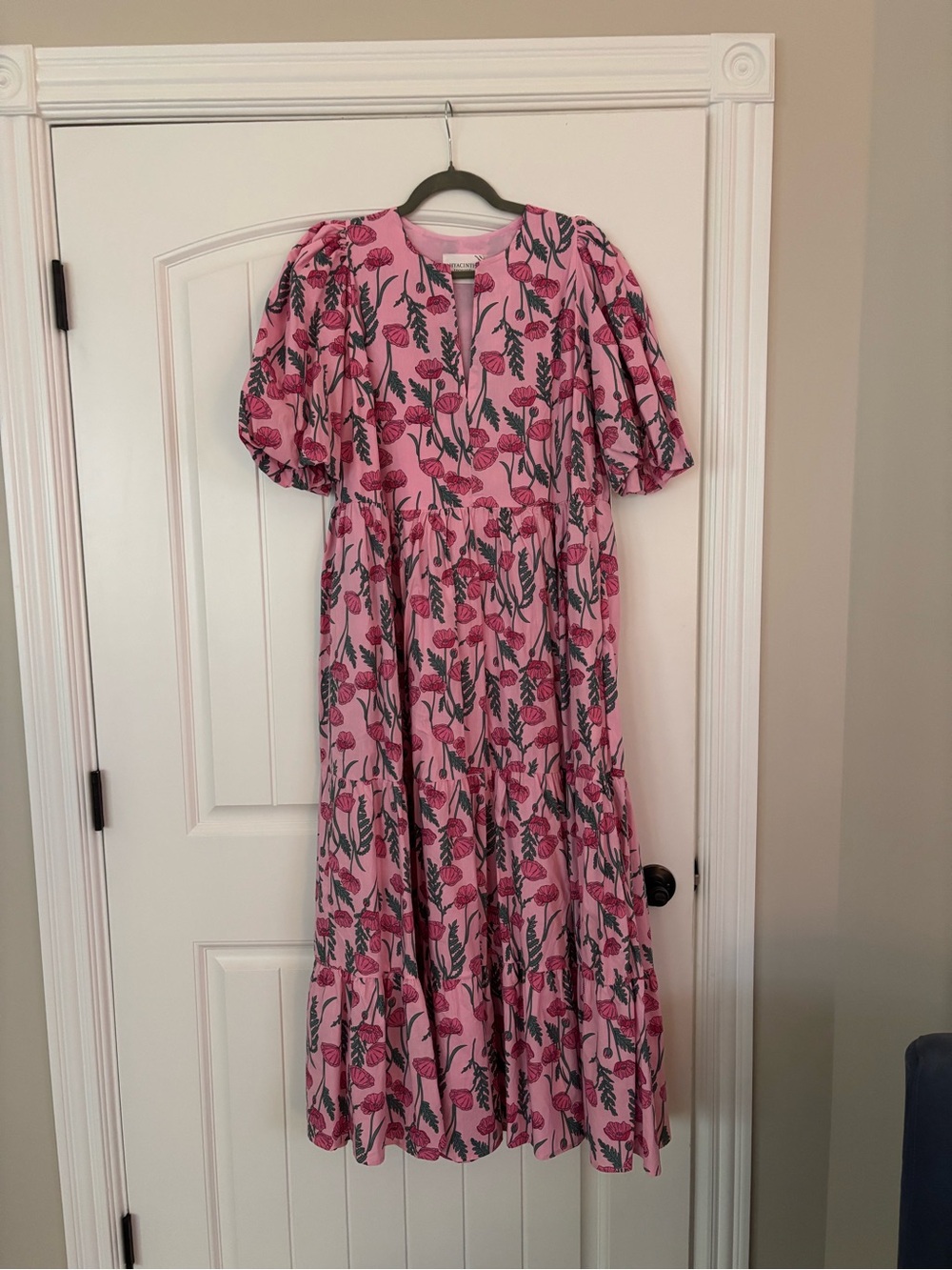 Pink Floral Maxi Dress with Puff Sleeves